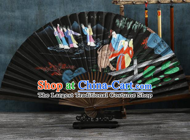 Chinese Traditional Painting Cowherd and Weaving Maid Black Bamboo Fans Handmade Accordion Classical Dance Paper Fan Folding Fan