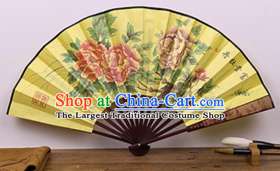 Handmade Chinese Painting Peony Yellow Fan Traditional Classical Dance Accordion Fans Folding Fan