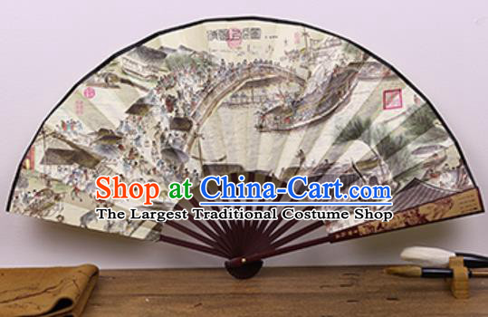 Handmade Chinese Ink Painting Riverside Scene at Qingming Festival Fan Traditional Classical Dance Accordion Fans Folding Fan