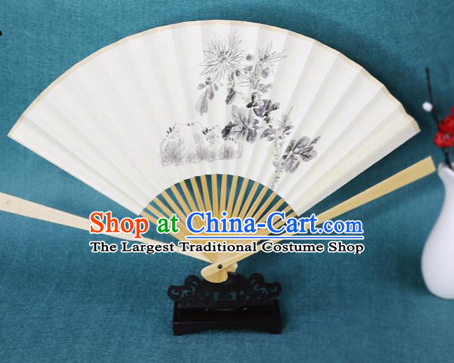 Handmade Chinese Ink Painting Chrysanthemum Paper Fan Traditional Classical Dance Accordion Fans Folding Fan
