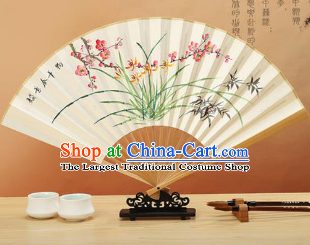 Chinese Hand Painting Orchids Bamboo Plum Paper Fan Traditional Classical Dance Accordion Fans Folding Fan