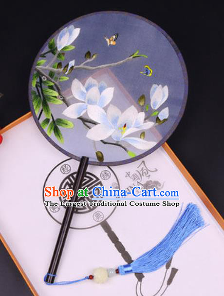 Handmade Chinese Embroidered Blue Mangnolia Silk Fans Traditional Classical Dance Palace Fan for Women