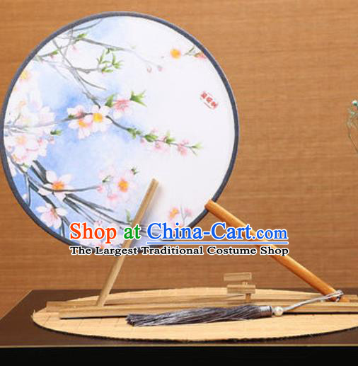 Handmade Chinese Printing Peach Blossom Blue Round Fans Traditional Classical Dance Red Beech Palace Fan for Women