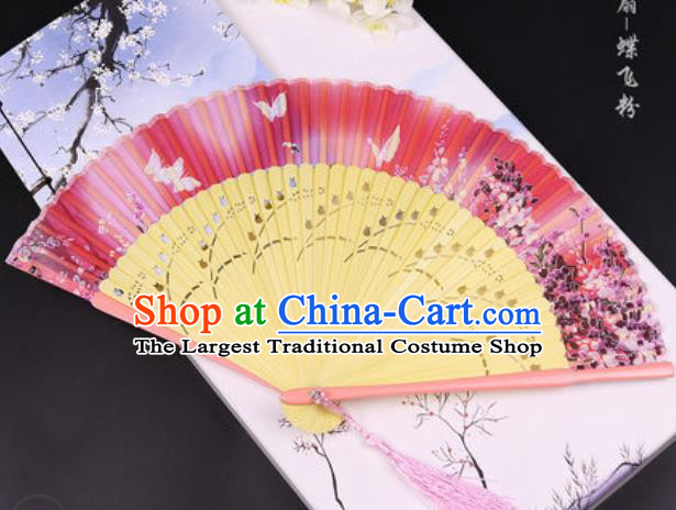 Handmade Chinese Butterfly Pink Cotton Fan Traditional Classical Dance Accordion Fans Folding Fan