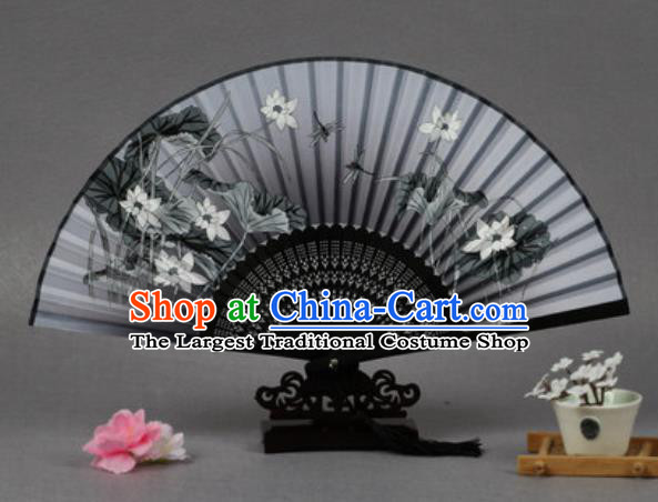 Handmade Chinese Printing Lotus Grey Silk Fan Traditional Classical Dance Accordion Fans Folding Fan