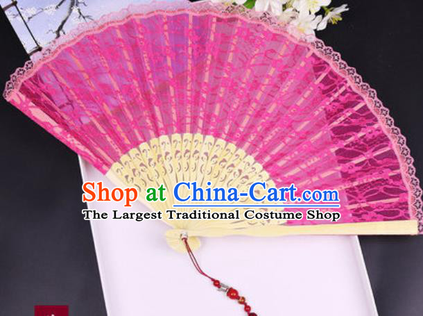 Handmade Chinese Rosy Lace Fan Traditional Classical Dance Accordion Fans Folding Fan