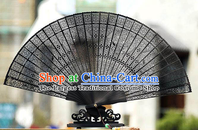 Handmade Chinese Carving Phoenix Ebony Fan Traditional Classical Dance Accordion Fans Folding Fan