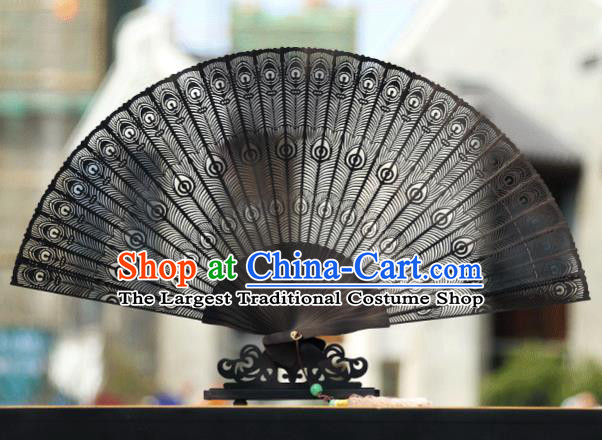 Handmade Chinese Carving Peacock Feather Ebony Fan Traditional Classical Dance Accordion Fans Folding Fan