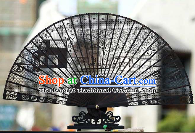 Handmade Chinese Carving Humble Administrator Garden Ebony Fan Traditional Classical Dance Accordion Fans Folding Fan