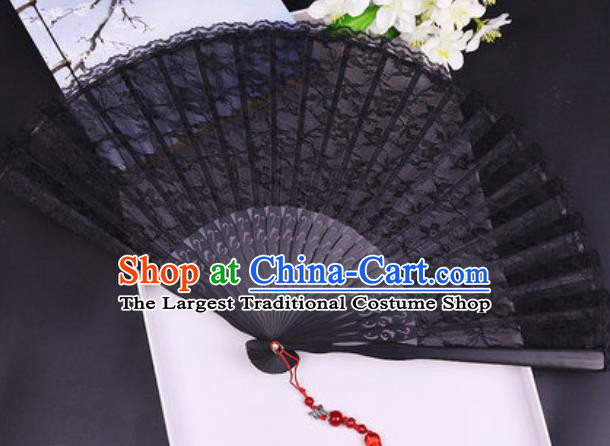 Handmade Chinese Black Lace Fan Traditional Classical Dance Accordion Fans Folding Fan