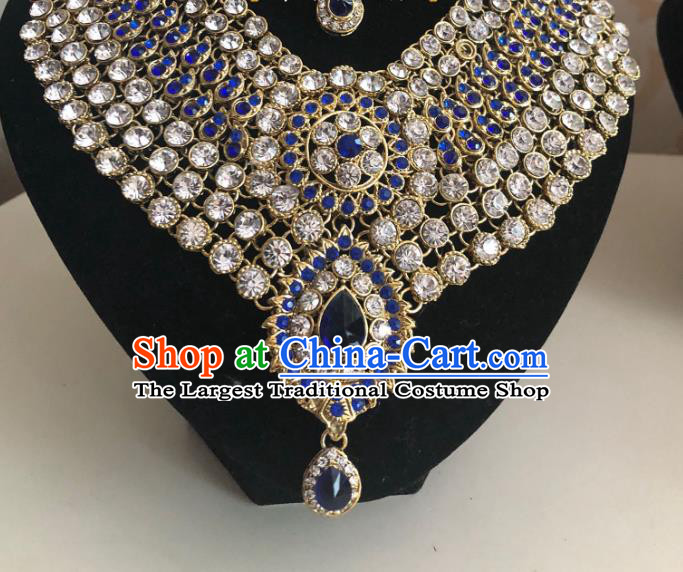 Indian Traditional Wedding Blue Crystal Necklace Asian India Bride Jewelry Accessories for Women