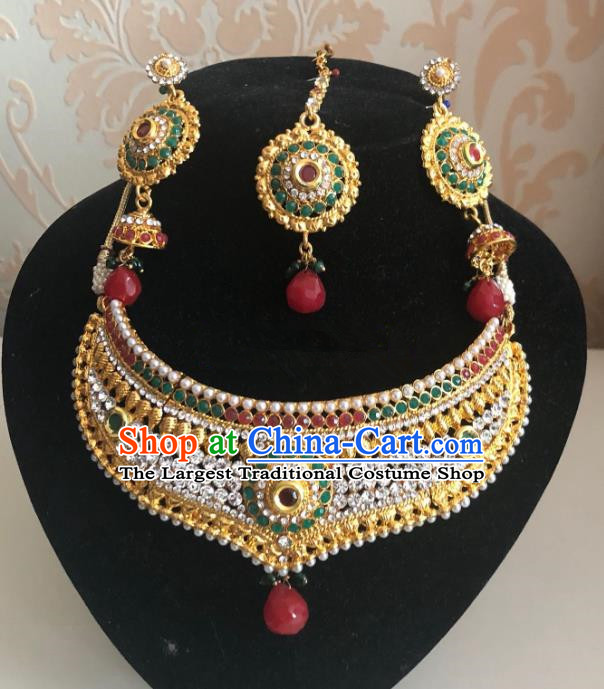 Indian Traditional Wedding Necklace and Earrings Eyebrows Pendant Asian India Bride Headwear Jewelry Accessories for Women