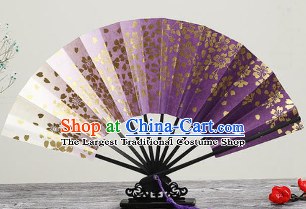Handmade Chinese Printing Golden Sakura Purple Fan Traditional Classical Dance Accordion Fans Folding Fan