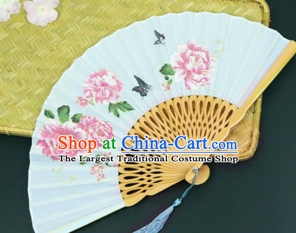 Handmade Chinese Printing Peony Light Green Silk Fan Traditional Classical Dance Accordion Fans Folding Fan