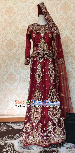 Indian Traditional Embroidered Purplish Red Lehenga Dress Asian India Bride Wedding Costume for Women