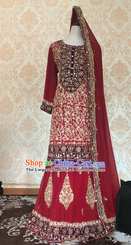 Indian Traditional Embroidered Red Lehenga Dress Asian Hui Nationality Bride Wedding Costume for Women