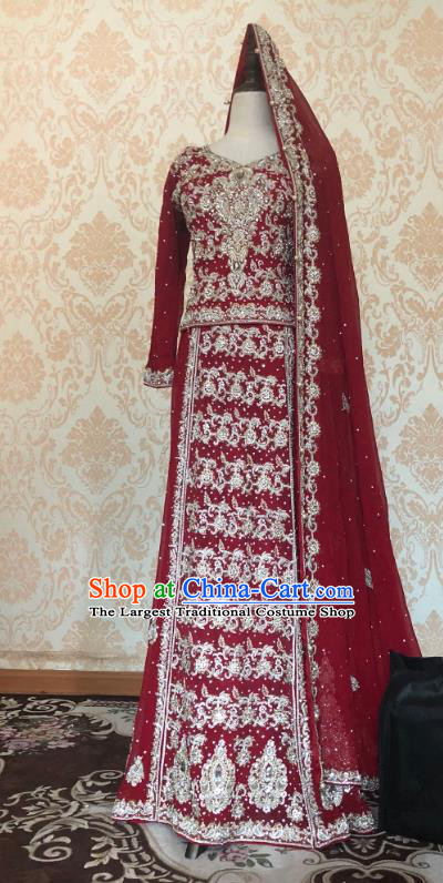 Indian Traditional Embroidered Wine Red Lehenga Dress Asian Hui Nationality Bride Wedding Costume for Women