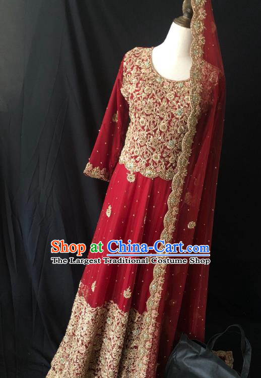 Indian Traditional Bride Embroidered Red Lehenga Dress Asian Hui Nationality Wedding Costume for Women