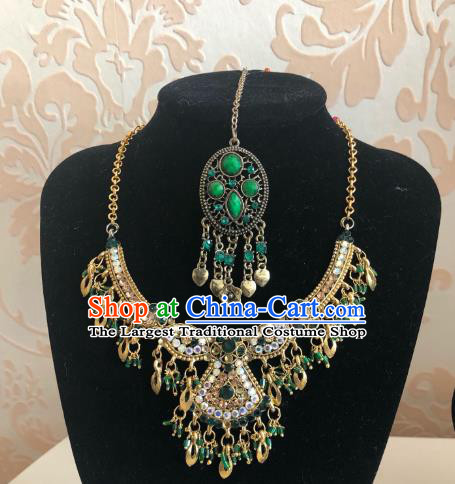 Indian Traditional Wedding Green Beads Eyebrows Pendant and Necklace Asian India Bride Headwear Jewelry Accessories for Women