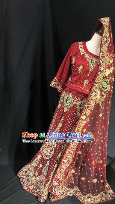 Indian Traditional Bride Dark Red Lehenga Exquisite Embroidered Dress Asian Hui Nationality Wedding Costume for Women