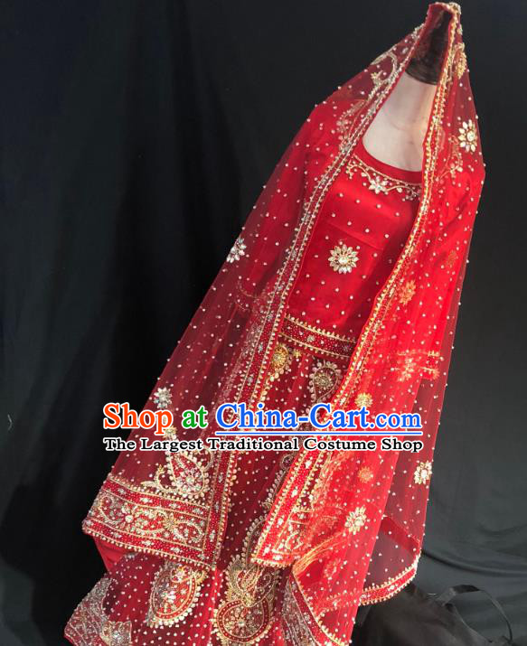 Indian Traditional Bride Red Lehenga Embroidered Dress Asian Hui Nationality Wedding Costume for Women