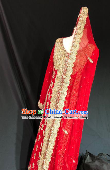 Indian Traditional Bride Embroidered Red Lehenga Dress Asian Hui Nationality Wedding Costume for Women