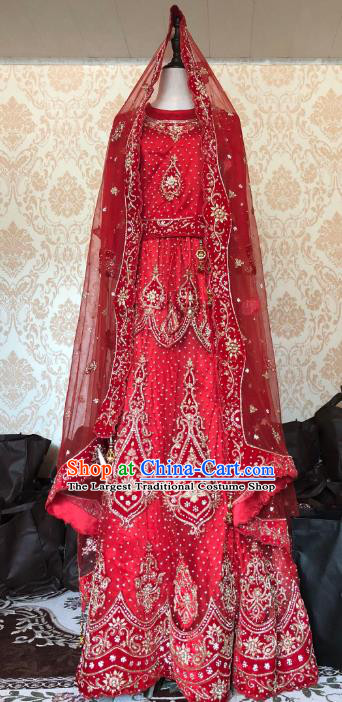 Indian Traditional Wedding Costume Asian Hui Nationality Bride Embroidered Red Lehenga Dress for Women