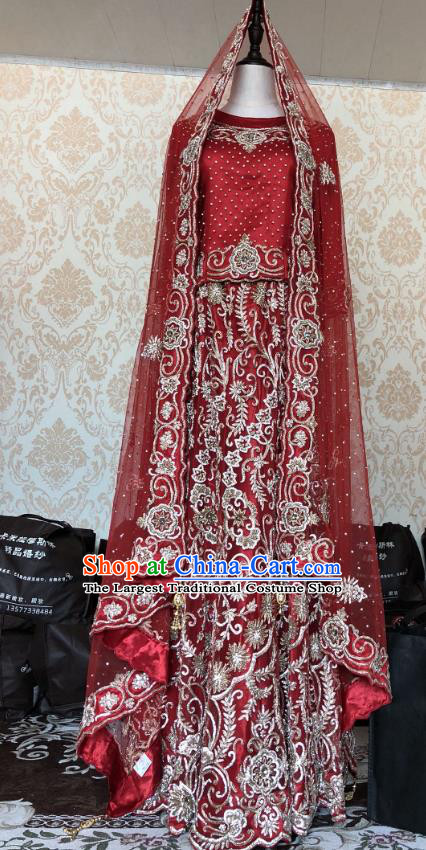 Indian Traditional Wedding Embroidered Costume Asian Hui Nationality Bride Purplish Red Lehenga Dress for Women