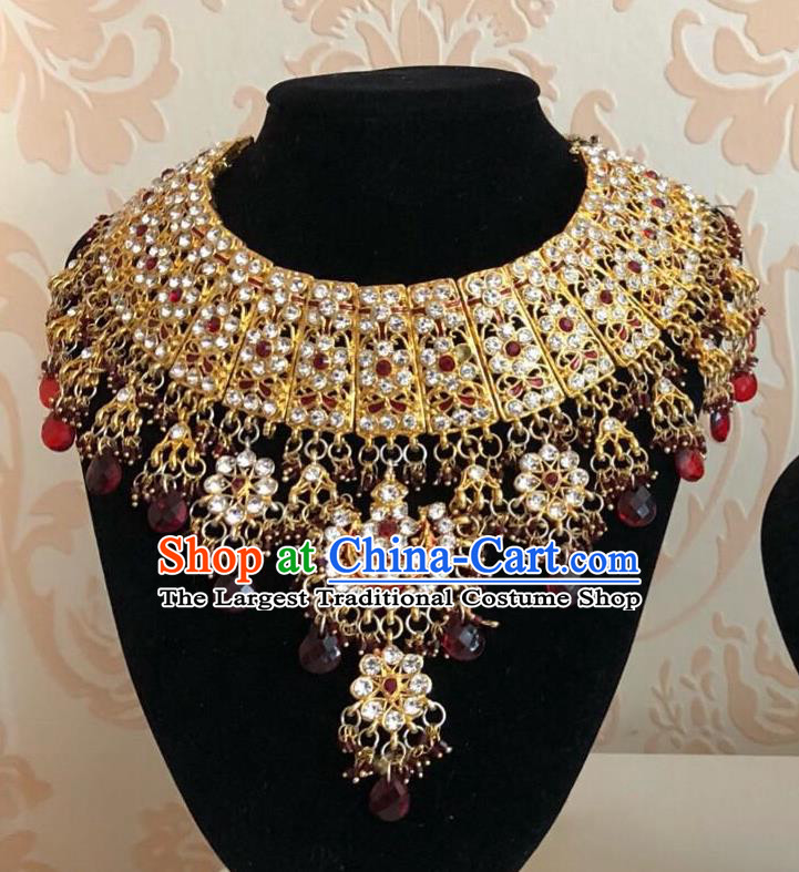 Indian Court Traditional Wedding Luxury Red Beads Golden Necklace Asian India Bride Jewelry Accessories for Women