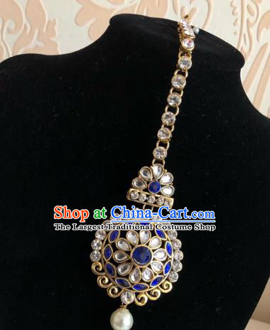 Traditional Indian Wedding Bride Blue Crystal Eyebrows Pendant Asian India Headwear Jewelry Accessories for Women