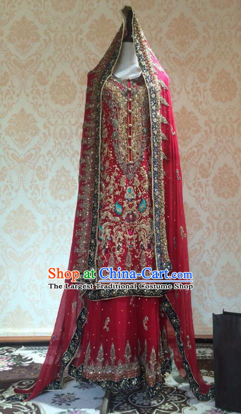 Indian Traditional Wedding Embroidered Red Costume Asian Hui Nationality Bride Lehenga Dress for Women