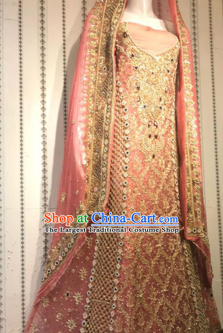 Indian Traditional Bride Peach Pink Lehenga Embroidered Dress Asian Hui Nationality Wedding Costume for Women