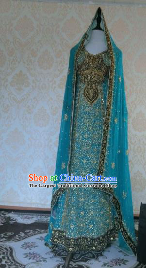 Indian Traditional Blue Lehenga Costume Asian Hui Nationality Wedding Bride Embroidered Dress for Women