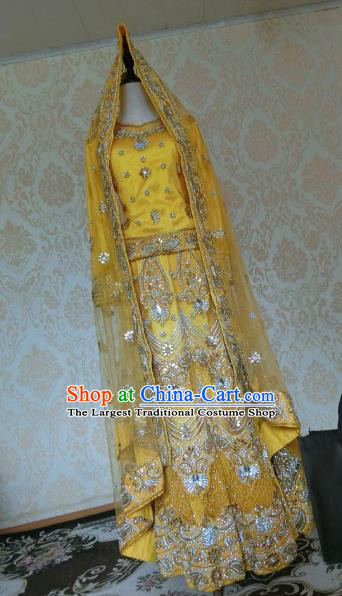 Indian Traditional Yellow Lehenga Costume Asian Hui Nationality Wedding Bride Embroidered Dress for Women