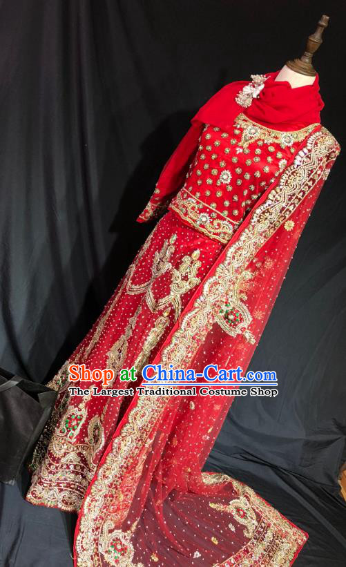 Indian Traditional Wedding Red Embroidered Diamante Lehenga Dress Asian Hui Nationality Bride Costume for Women