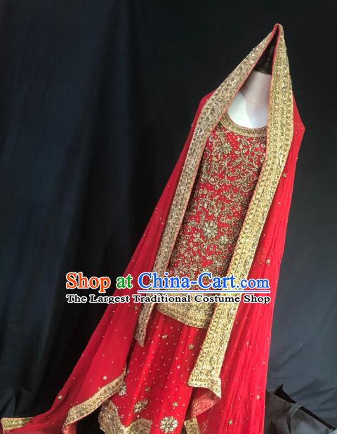 Indian Traditional Wedding Embroidered Sequins Red Lehenga Dress Asian Hui Nationality Bride Costume for Women