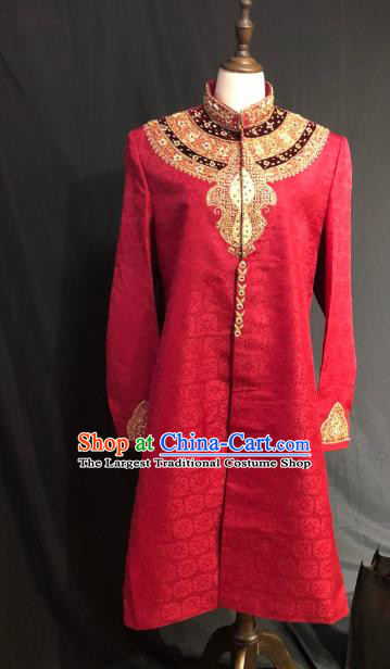 Indian Traditional Wedding Embroidered Red Coat Asian Hui Nationality Bridegroom Costume for Men