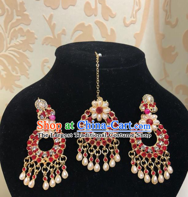 Traditional Indian Wedding Red Crystal Pearls Eyebrows Pendant and Earrings Asian India Bride Headwear Jewelry Accessories for Women