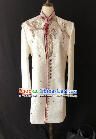 Indian Traditional Court Wedding Embroidered White Coat Asian Hui Nationality Bridegroom Costume for Men