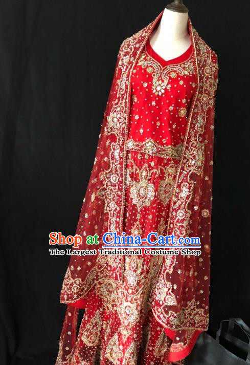 Indian Traditional Wedding Drill Embroidered Red Lehenga Dress Asian Hui Nationality Bride Costume for Women