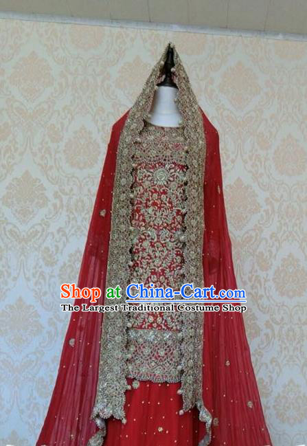 Indian Traditional Court Red Veil Lehenga Costume Asian Hui Nationality Wedding Bride Embroidered Dress for Women