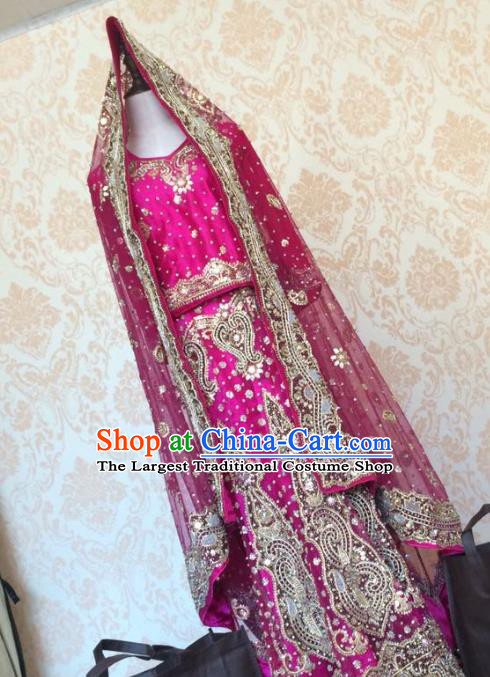 Indian Traditional Court Wedding Diamante Rosy Lehenga Costume Asian Hui Nationality Bride Embroidered Dress for Women