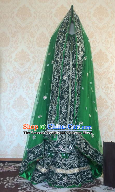 Indian Traditional Diamante Green Satin Lehenga Costume Asian Hui Nationality Wedding Bride Embroidered Dress for Women