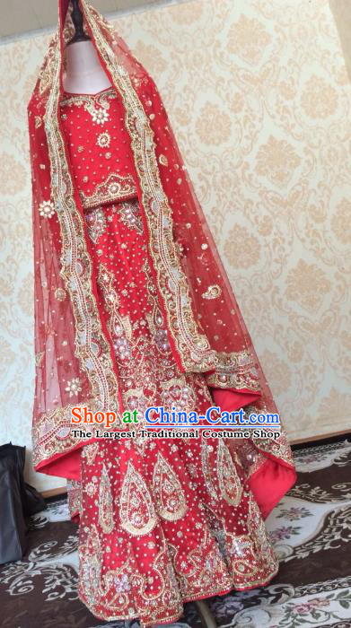 Indian Traditional Court Wedding Embroidered Red Lehenga Costume Asian Hui Nationality Bride Dress for Women