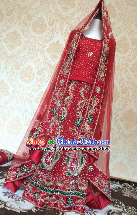 Indian Traditional Court Wedding Dress Asian Hui Nationality Bride Diamante Red Lehenga Costume for Women