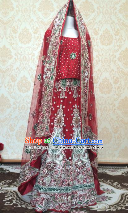 Indian Traditional Court Diamante Wedding Dress Asian Hui Nationality Bride Red Lehenga Costume for Women