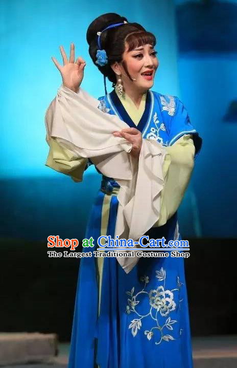 Chinese Shaoxing Opera Young Female Costumes and Headdress He Wenxiu Yue Opera Huadan Blue Dress Wang Lanying Garment Apparels