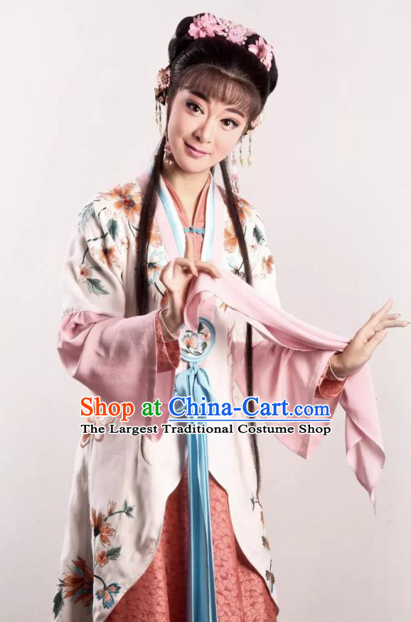 Chinese Shaoxing Opera Hua Tan Dress Costumes and Headpieces A Song of The Travelling Son Yue Opera Actress Garment Apparels