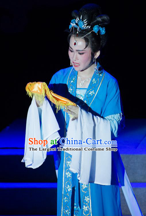 Chinese Shaoxing Opera Noble Consort Li Blue Dress Costumes and Headpieces Palm Civet for Prince Yue Opera Actress Garment Apparels