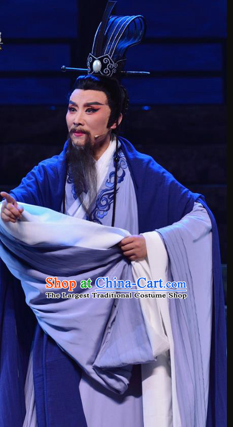 Chinese Yue Opera Middle Age Male Apparels Costumes and Headwear Qu Yuan Shaoxing Opera Laosheng Poet Garment